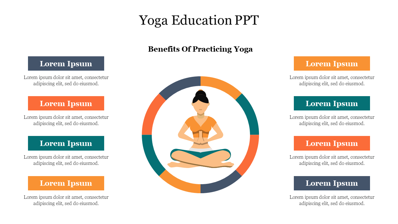 Illustration of a person in a yoga pose inside a multicolored ring, with eight rectangular text boxes on each side.