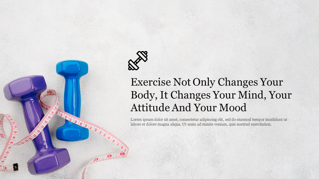 Exercise background slide with a motivational quote, featuring colorful dumbbells and a measuring tape on a light surface.