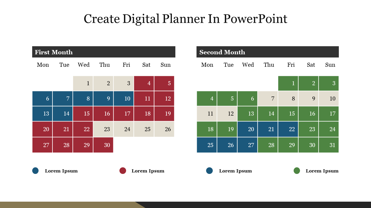 Digital planner showcasing two months with highlighted days in blue, red, and green placed in white background.