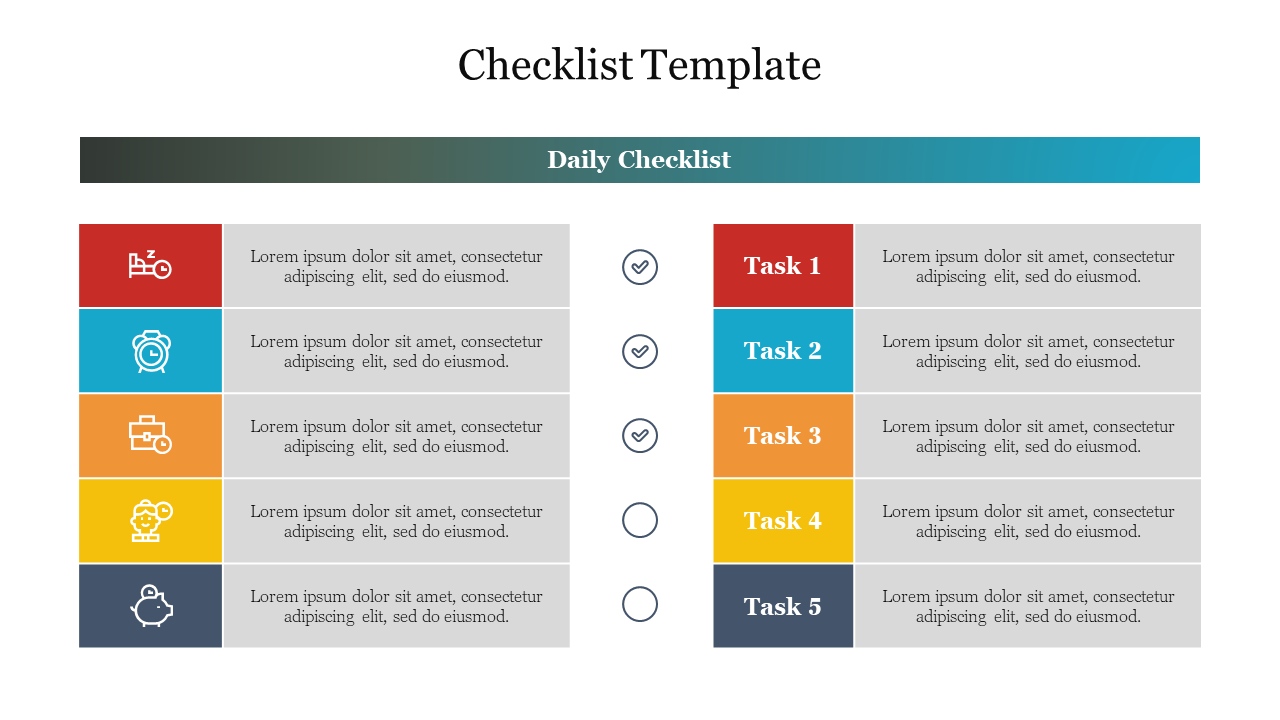 Daily checklist with five tasks on the left side, each paired with an icon, and a matching set of color-coded tasks.