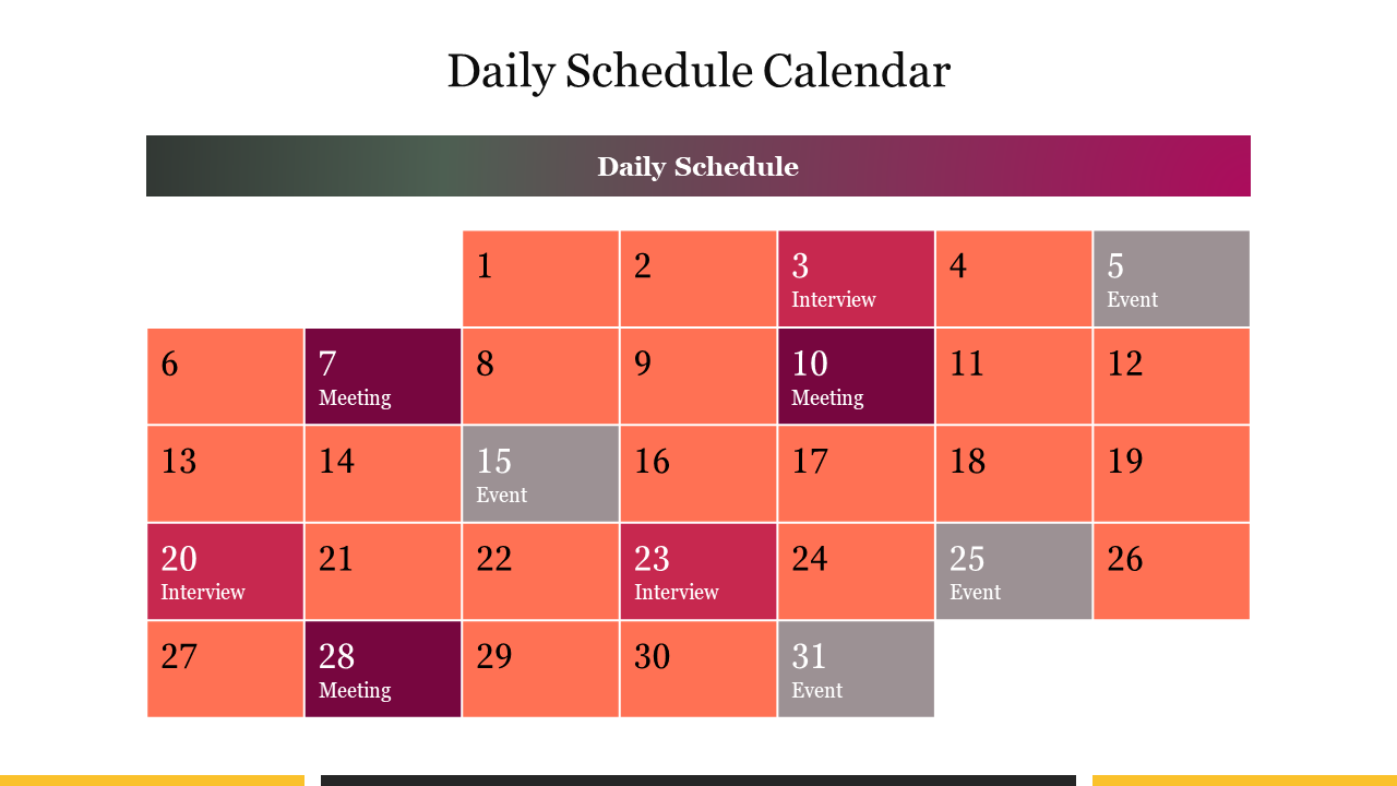 Daily schedule calendar with specific dates labeled for interviews, meetings, and events in a colorful grid layout.