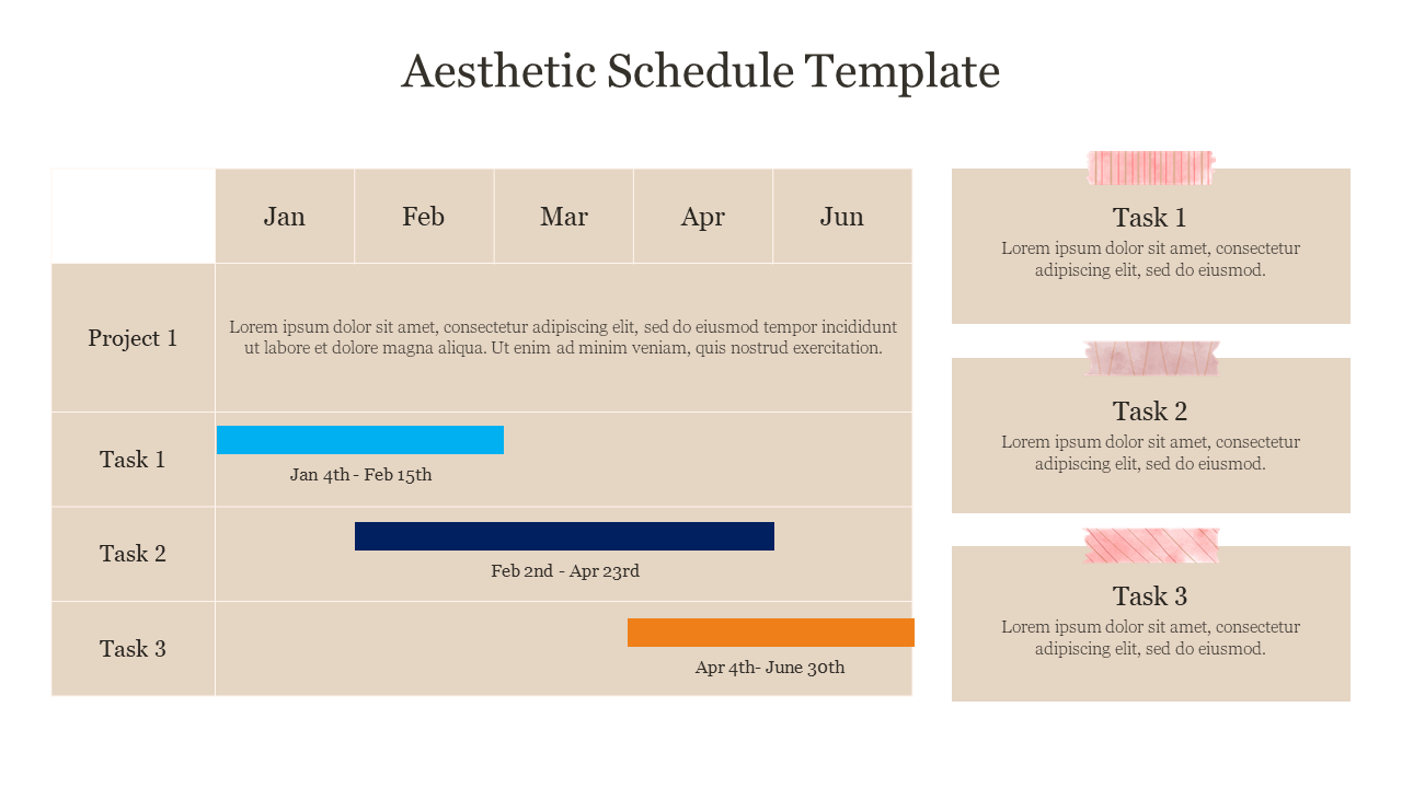 Aesthetic project schedule with timeline bars for tasks across months, beige theme, and task descriptions on the side.