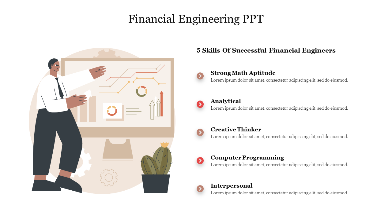 Financial engineering slide with a person pointing at data visuals and five skill items listed.