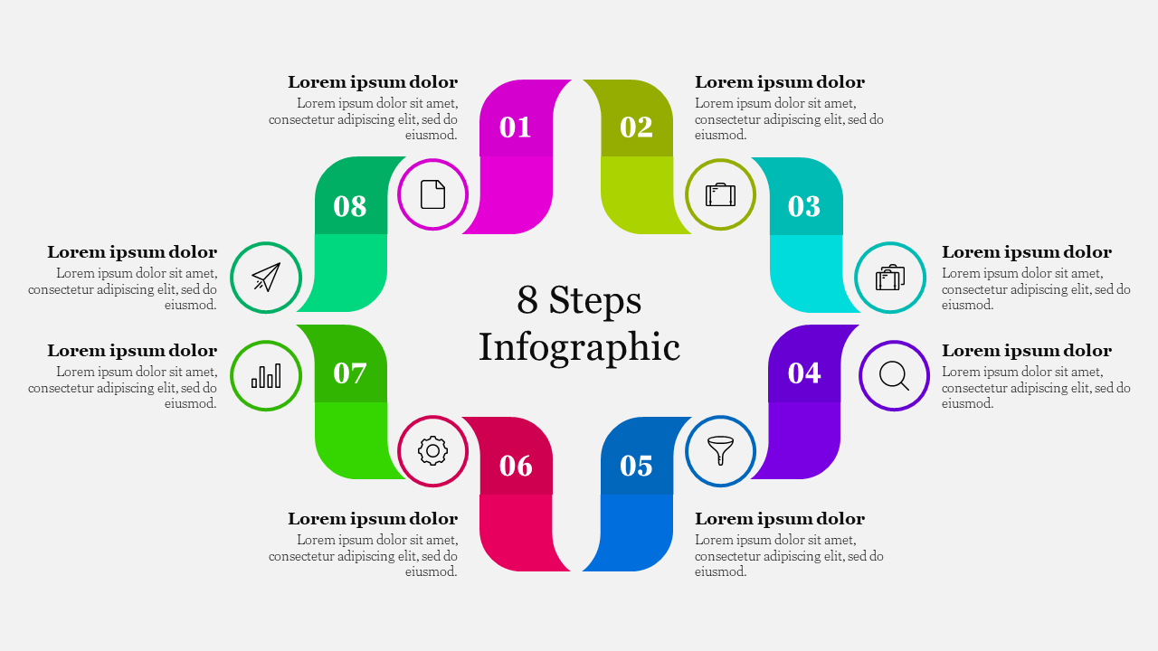 Eight colorful steps arranged in a circular pattern, numbered 01 to 08, with icons and text around the diagram.