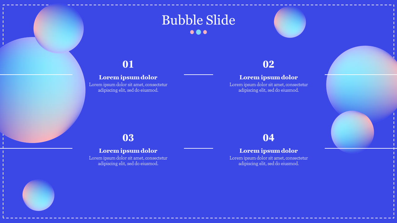 Vibrant gradient bubbles decorate a blue slide with four numbered text sections in the center.