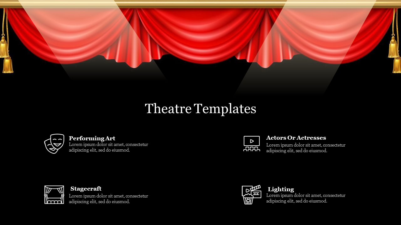 Theatre template featuring a red curtain backdrop and icons for performing arts, actors, stagecraft, and lighting.