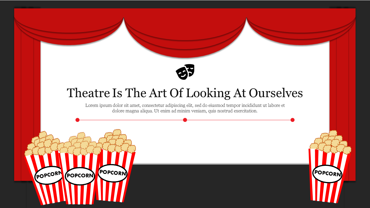 A red theater curtain background, comedy and tragedy mask icon, and popcorn containers at the bottom.