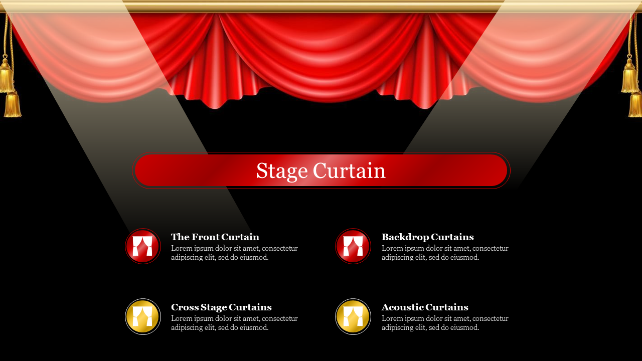 Red stage in dark background curtain with spotlights and icons, showcasing different types of curtains in a theatrical setup.