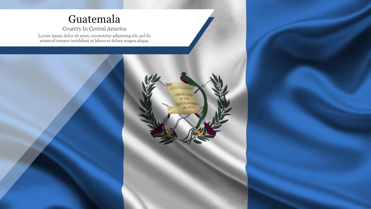 Waving Guatemalan flag with blue and white vertical stripes and a central emblem featuring a quetzal bird and scroll.