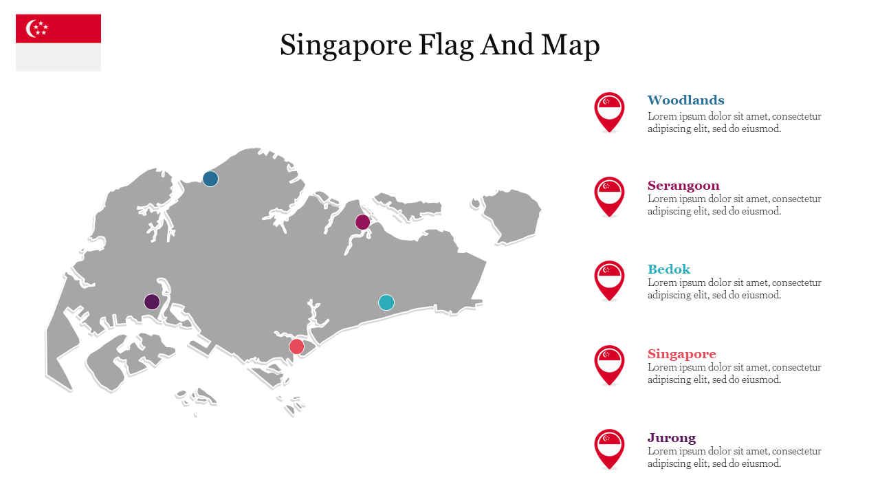 Gray Singapore map with five highlighted regions, and location details on the right with flag in the left corner.