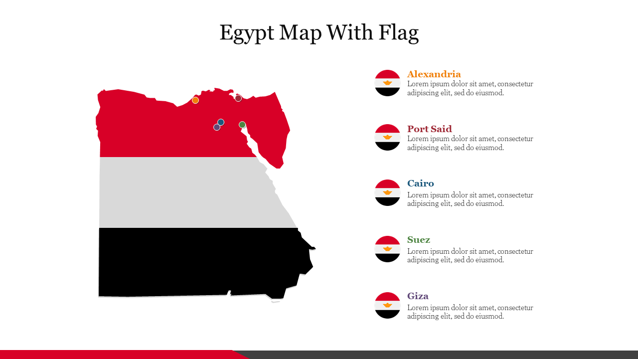 Egypt map in red, white, and black flag colors, with markers indicating major cities and corresponding details on the right.