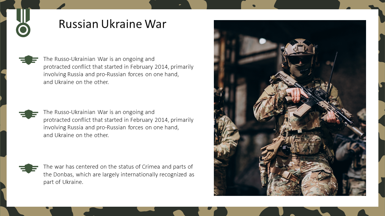 A slide discussing the russian ukraine war, featuring a military themed background and an image of soldiers with text.