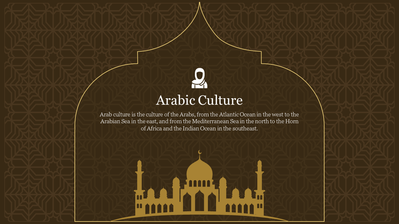 Arabic culture slide with mosque silhouette and text on a dark, intricate patterned background.