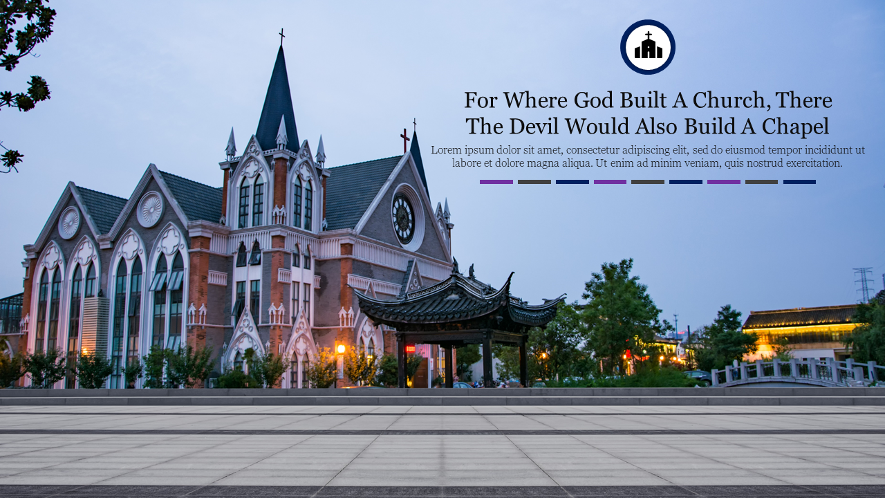 A scenic church with gothic architecture and pointed arches next to a traditional pavilion, against an evening sky.