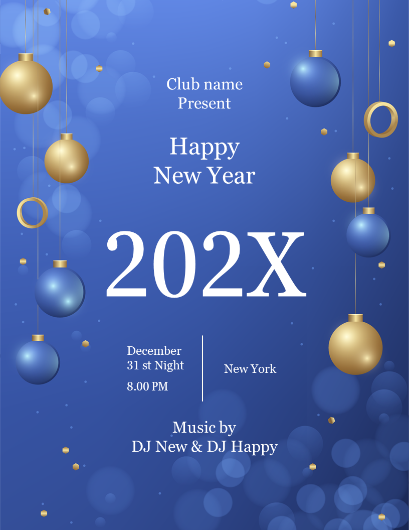 New year's event flyer party invite with golden and blue hanging ornaments on a gradient blue background.