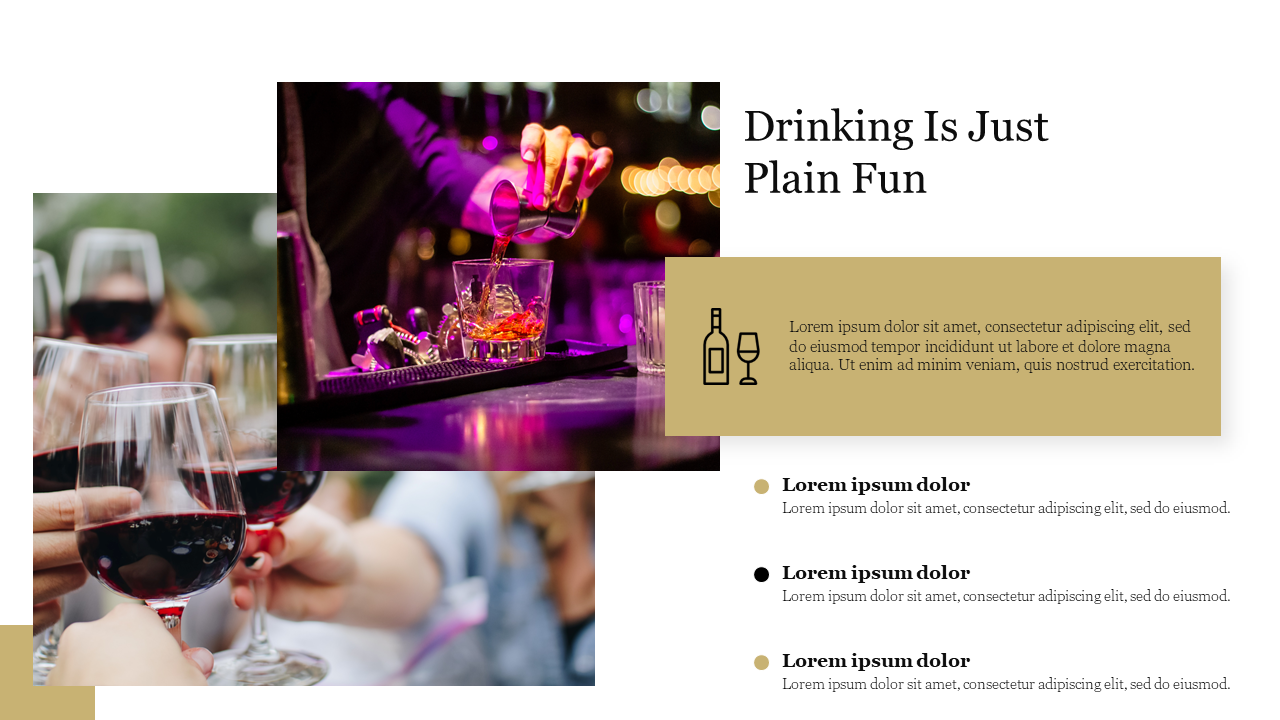 Slide with overlapping photos of red wine glasses and a bartender pouring drinks, with a golden text box and bullet points.