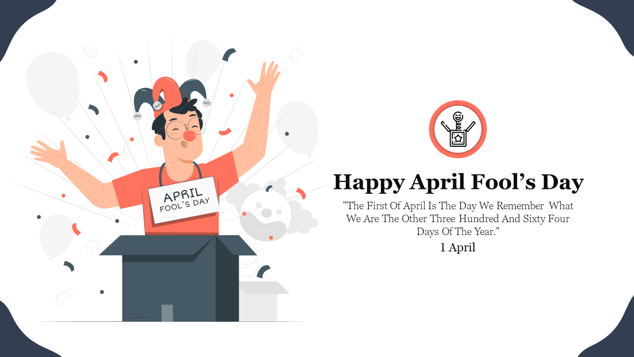 April fools day slide with a figure popping out of a gift box, surrounded by confetti and balloons on a clean layout.