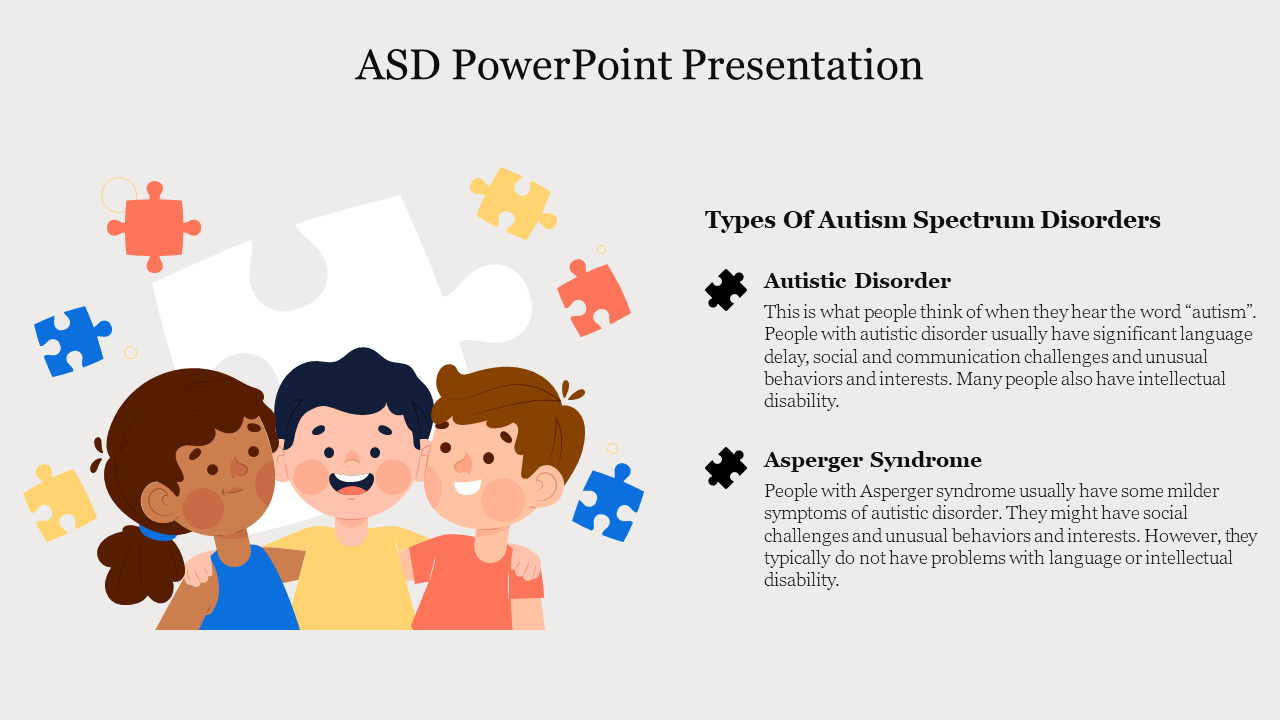 ASD slide featuring three children smiling, representing diversity and inclusion with text description and colored pieces.