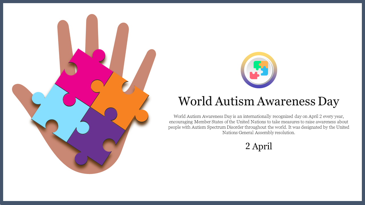 Hand graphic with colorful puzzle pieces overlay highlighting world autism awareness day, dated on April 2.