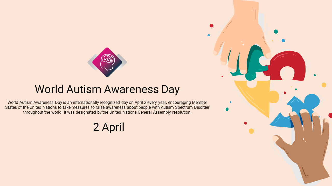 A colorful world autism awareness day slide featuring puzzle pieces and a description of the event's significance.