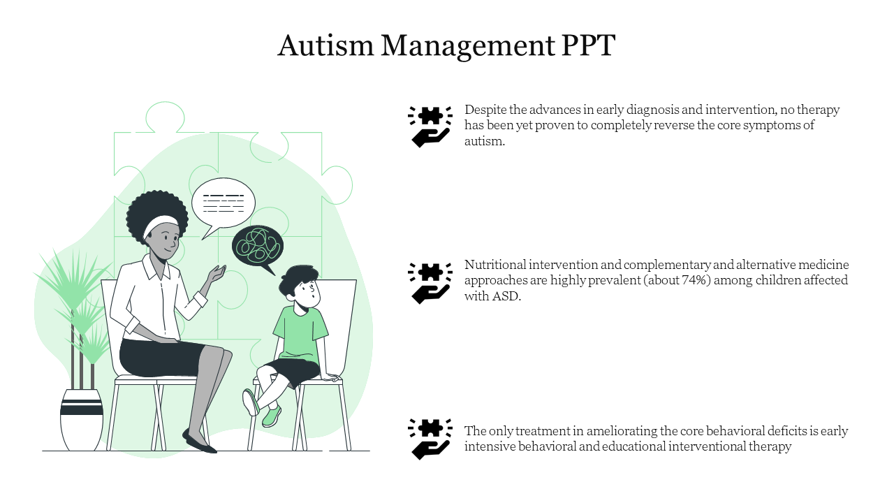 Autism management slide with a therapist sitting with a child, discussing behavioral and nutritional interventions.