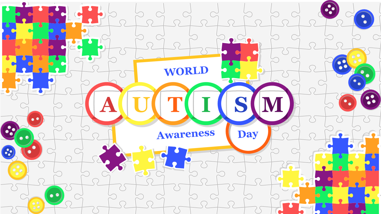 Autism awareness slide featuring multicolored puzzle pieces and buttons, with a central title block.