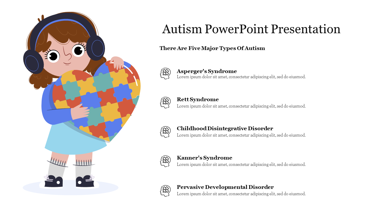 Illustration of a child holding a heart shaped puzzle, with a list of five types of autism on the right side with icons.