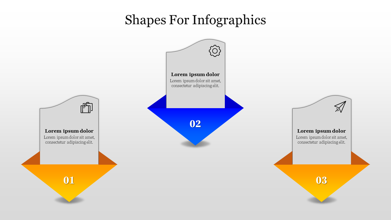 Slide with three infographic shapes in blue, and yellow hues, each with icons and numbered sections, on a gray background.