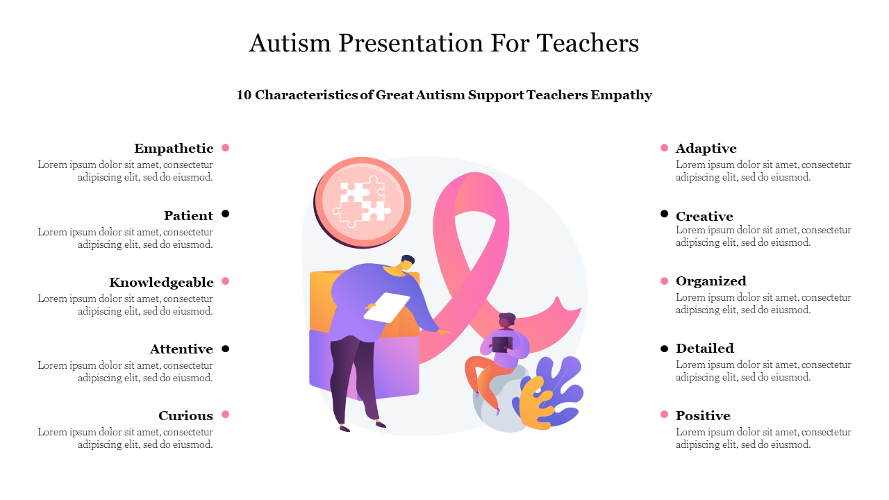 Central illustration with a large pink ribbon and puzzle piece, listing teacher traits for autism support on both sides.