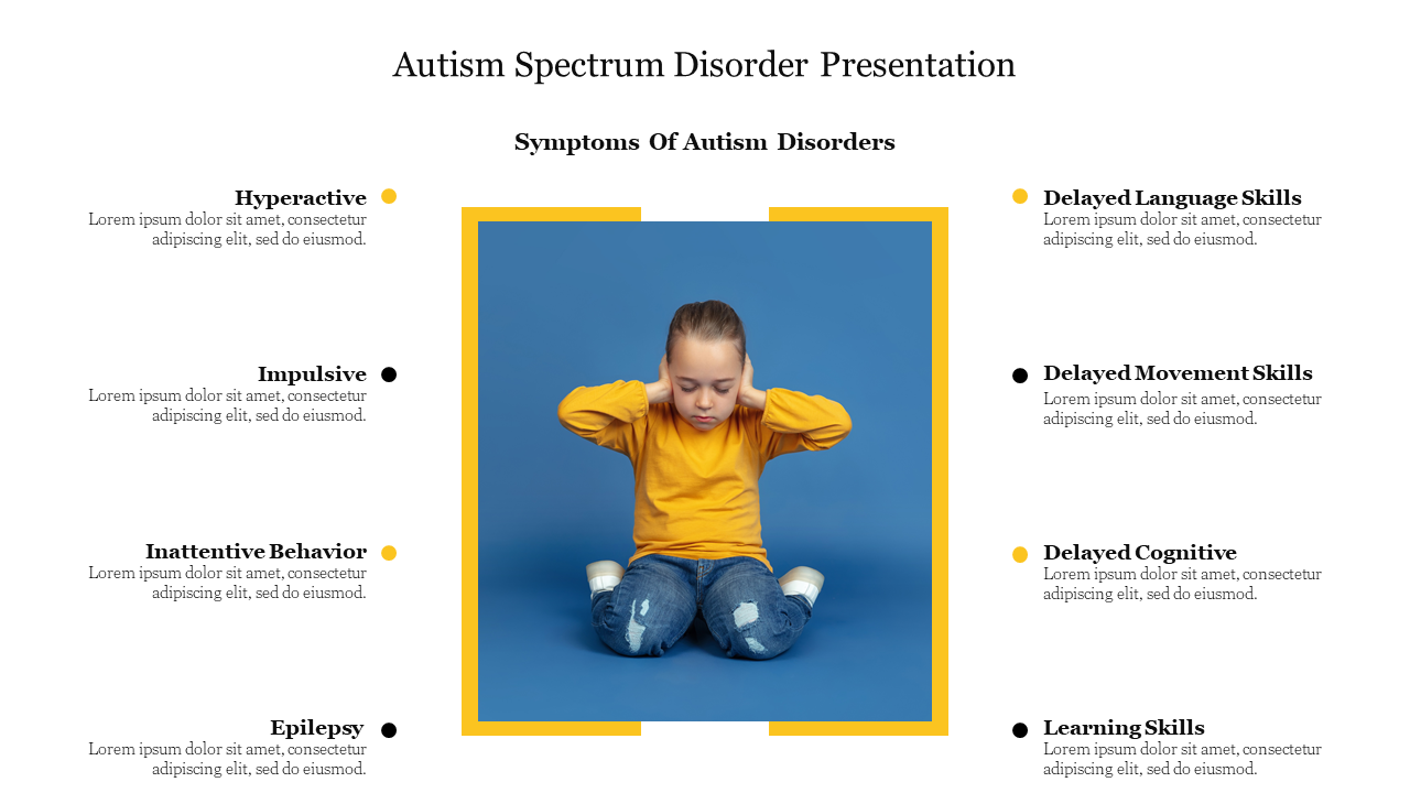 Autism spectrum disorder slide featuring a child sitting with hands over ears and various symptoms listed.