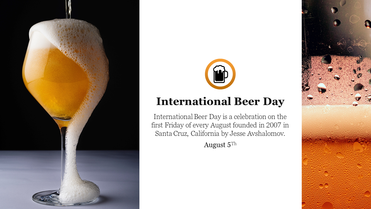 Foamy beer in a glass, with text celebrating international beer day on the right, noting its origin on August 5th.