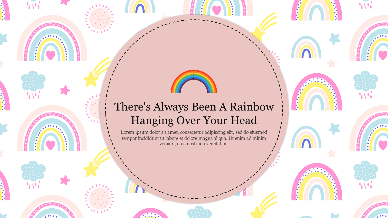 Boho rainbow and star themed slide in pastel colors, with a circular text box displaying a positive quote in the middle.