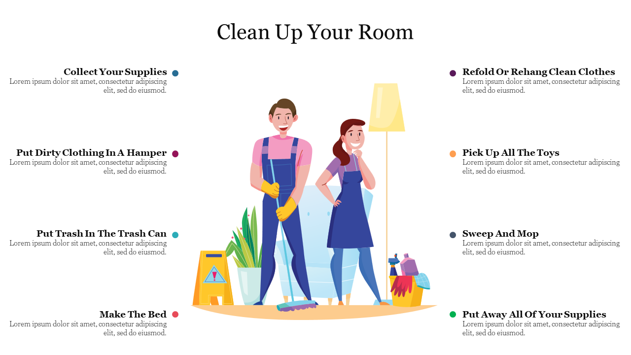 Guide to cleaning a room, featuring characters with cleaning supplies and steps for organizing and tidying.