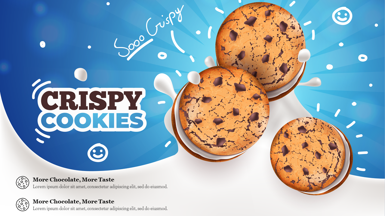 Three chocolate chip cookies with milk splashes on a blue background, promoting crispy cookies.