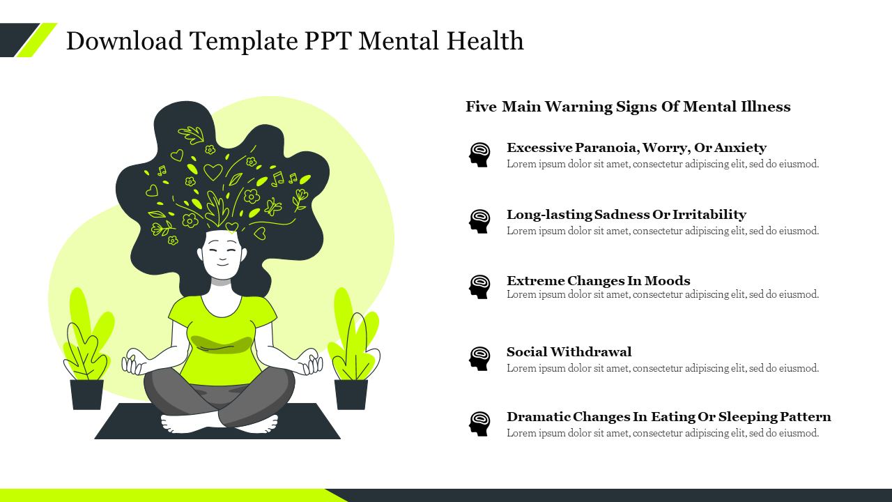 Mental health slide featuring an illustration of a meditating person with plants, along with a list of five warning signs.