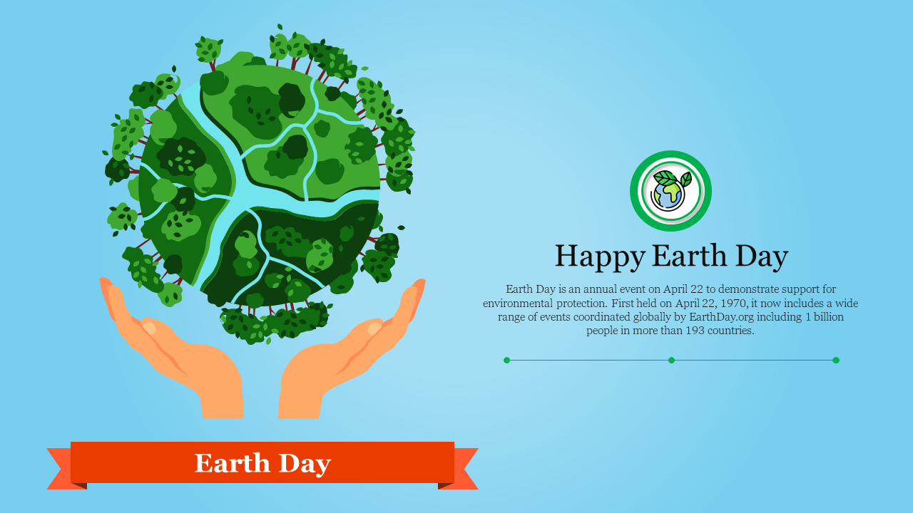 Image of a tree-covered planet in hands, celebrating Earth Day with descriptive text and a recycling icon.