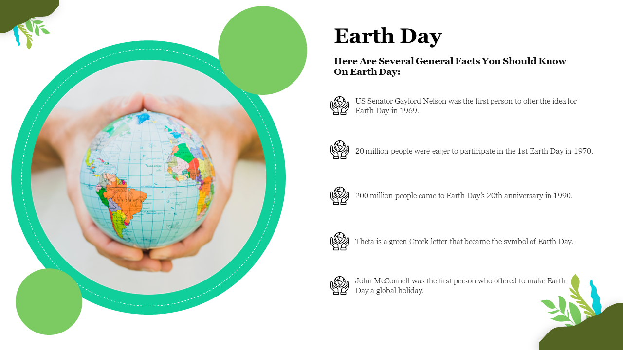 A slide showcasing earth day facts, with an image of hands holding a globe and facts listed alongside placeholder text.