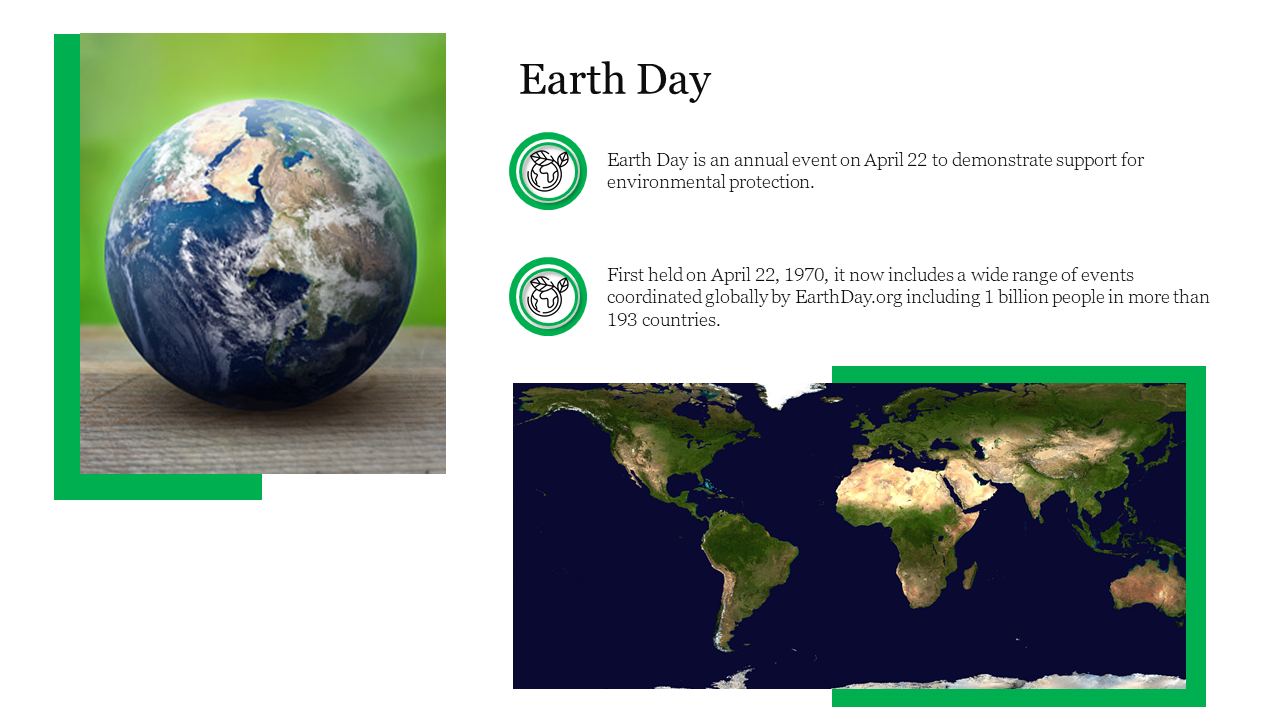 Earth day slide showcasing a globe and a world map with green borders and two icons for an eco friendly theme.