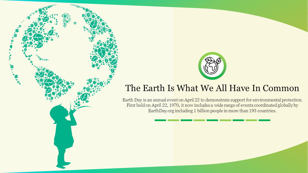 Creative Earth day illustration with flowers and leaves, accompanied by a child silhouette on a green backdrop.