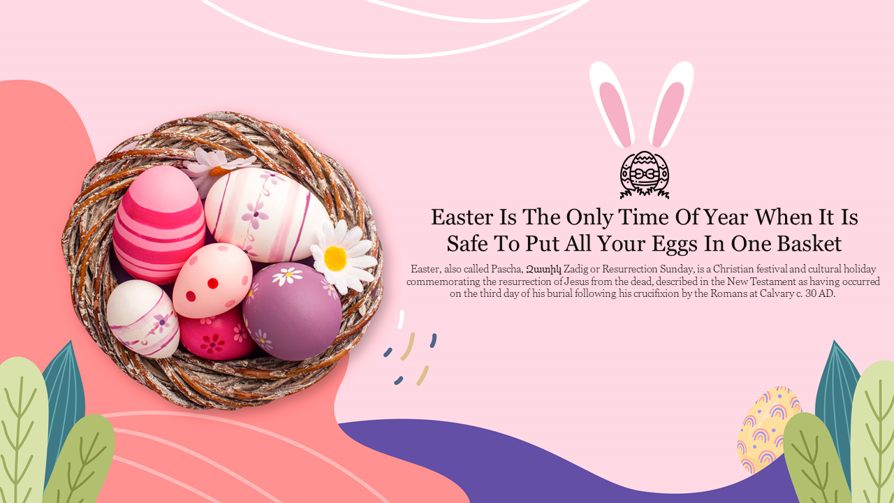 Easter PowerPoint slide featuring a nest filled with decorated eggs, with a playful title and information.