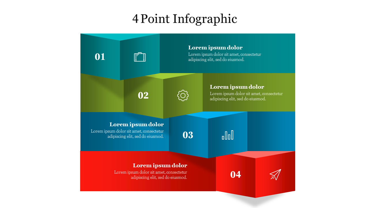 Vibrant 4-point infographic slide featuring 3D blocks with icons, numbers, and placeholder text for each step.