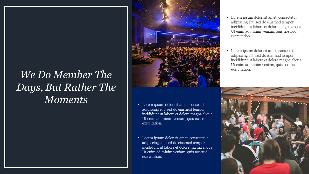 Dark layout with a left aligned text section and vibrant event images on the right, including indoor and outdoor crowds.