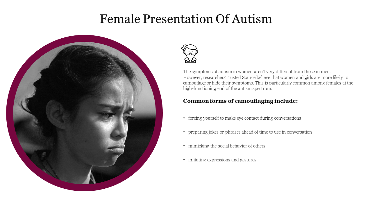 Slide on female presentation of autism featuring a black and white photo of a young woman and info on camouflaging behaviors.