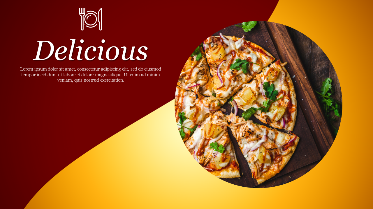 Food themed slide with a gradient red and yellow background, showcasing a pizza image in a circular frame.