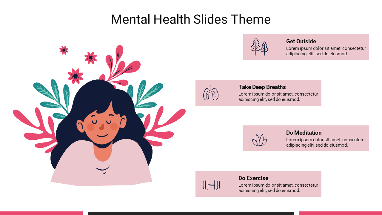 Illustration of a peaceful woman with floral designs, accompanied by mental health advice with icons and placeholder text.