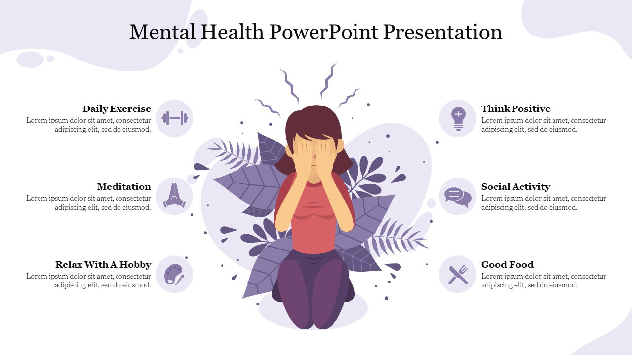 Mental health slide that focuses on self-care activities, with an illustration of a stressed person and associated icons.