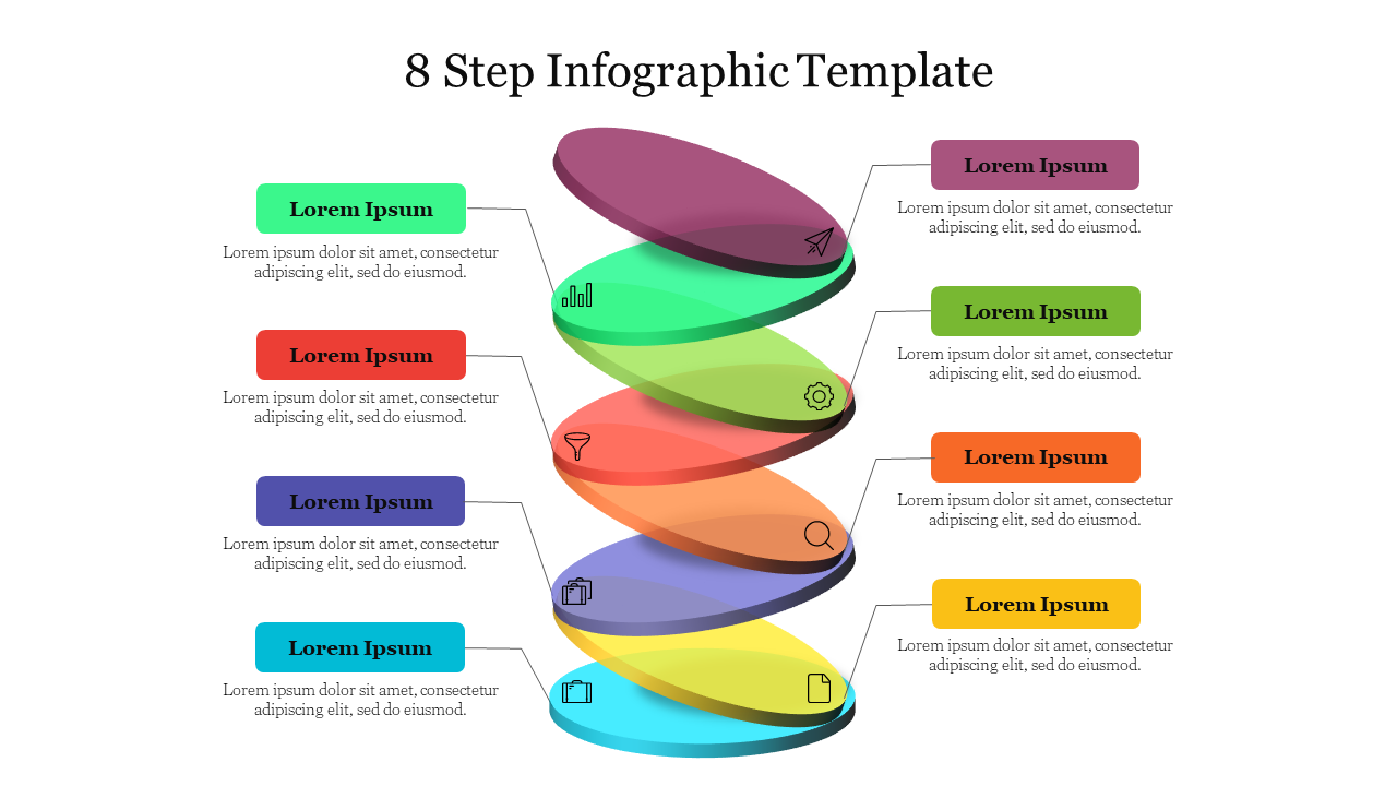 A colorful 8 step infographic with overlapping 3D layers, each connected to descriptive text boxes with icons on both sides.