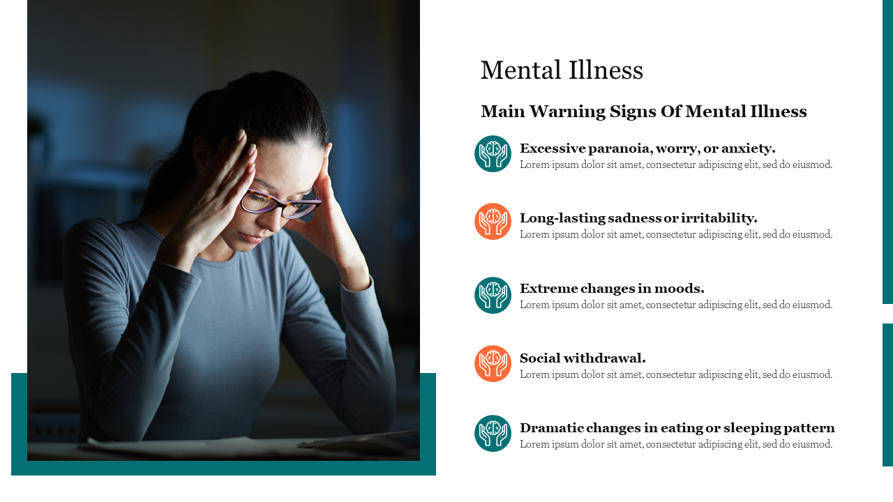 Woman holding her head in distress on the left, with mental illness warning signs listed each with colored icons.