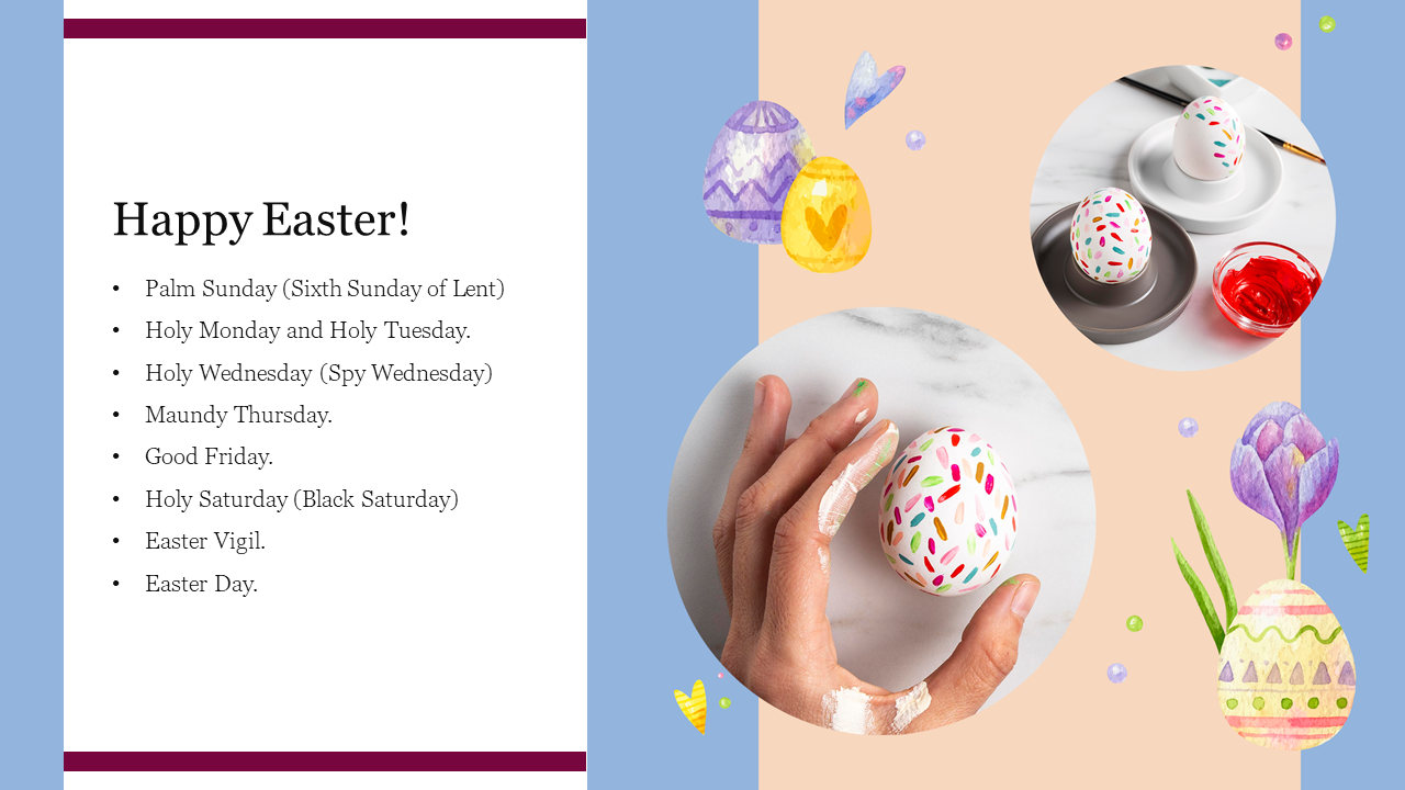 Easter slide featuring a hand painting an egg with sprinkles, flowers, and text, on a pastel colored background.