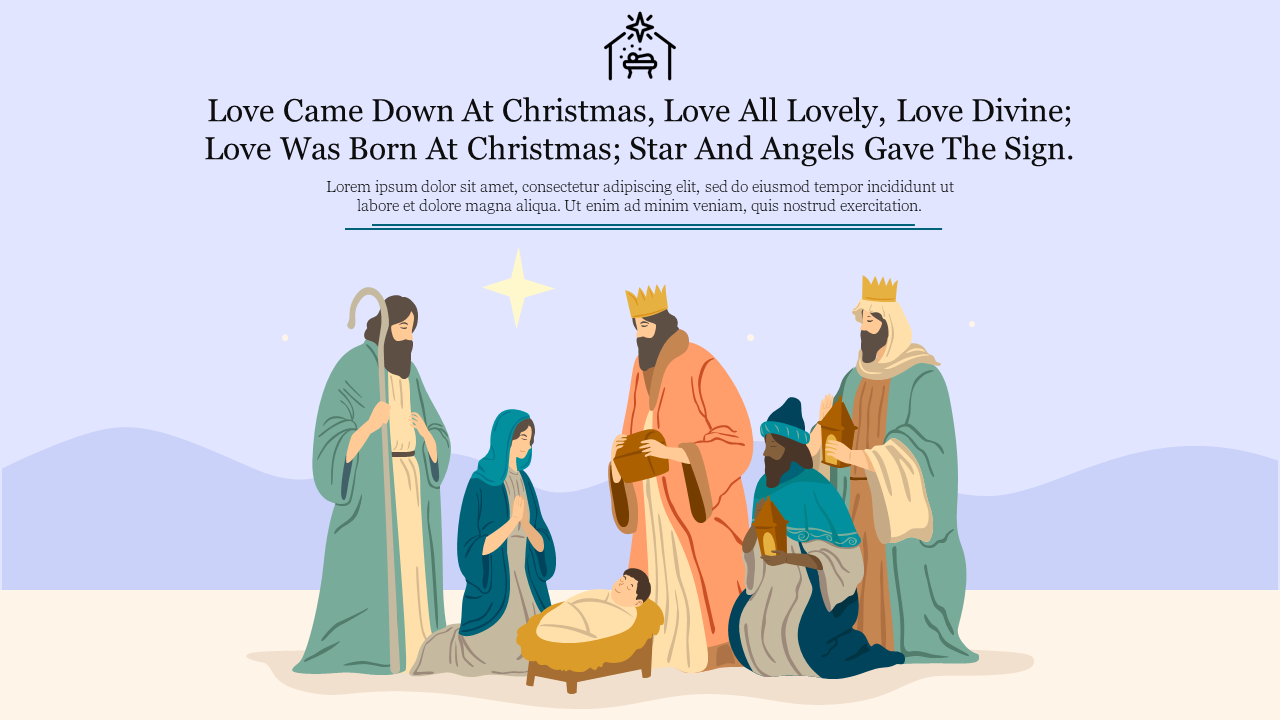 A colorful nativity scene illustration featuring Mary, Joseph, and three wise men, accompanied by a text.